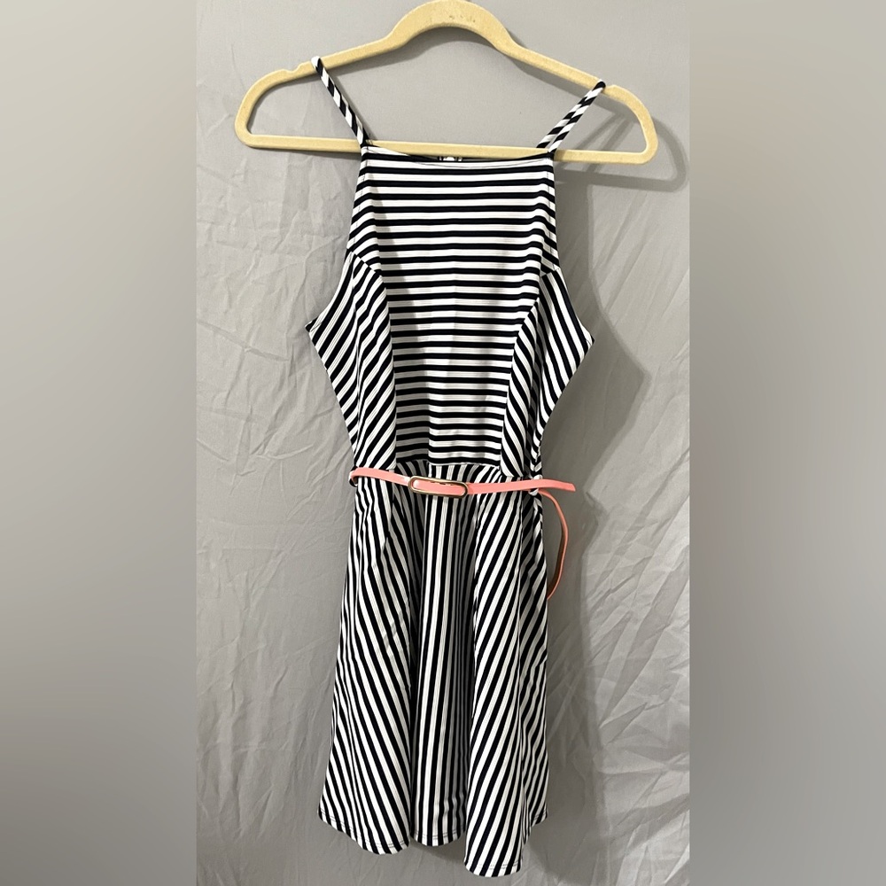 Whipstitch Detailed Belted Dress - Navy/White